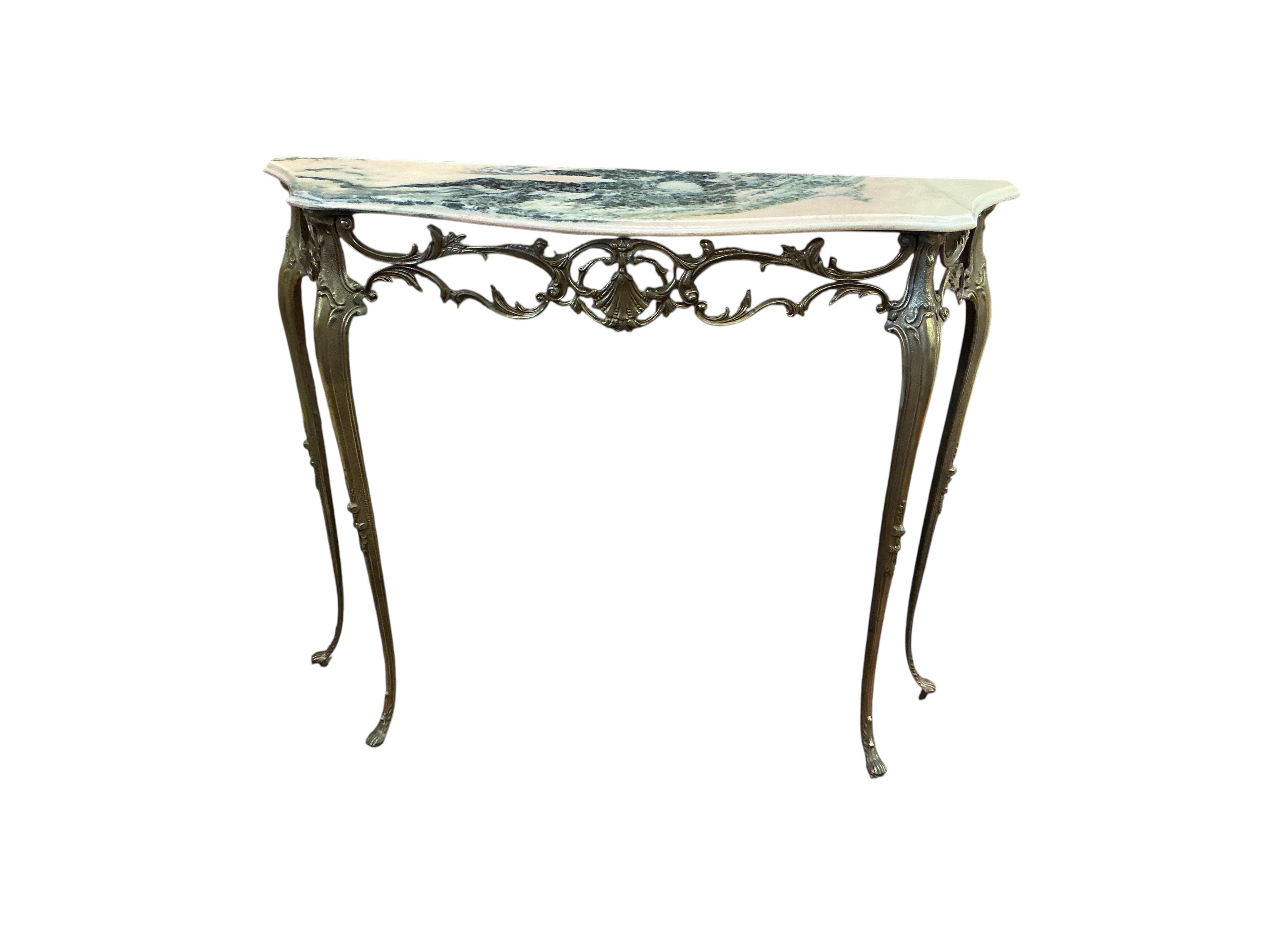 A mid century brass and reconstituted marble serpentine console table, width 90cm, depth 28cm, height 76cm